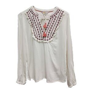 Boden Womens Polly Peasant Top Size 6 White Embroidered Stars Ruffle Tassel Tie